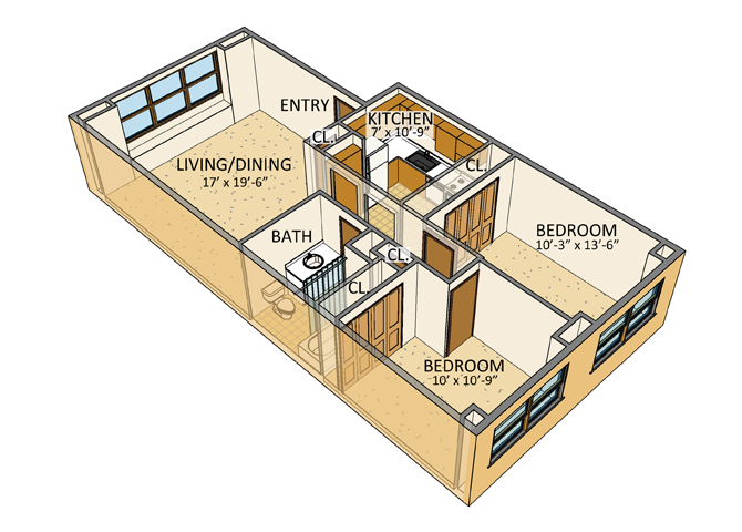 Floor plan for 2 beds, 1 bath, 767 sqft